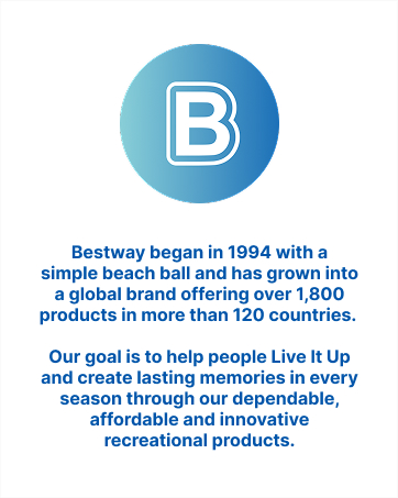 Blue circular “B” logo above text noting Bestway’s growth since 1994 and global product range