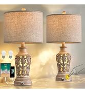 OYEARS 21.75'' Touch Control 3-Way Dimmable Table Lamp Set of 2, Retro Farmhouse Lamp with USB Po...