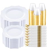 COLOSUS 350pcs White Plastic Plates Disposable Gold Cutlery Dinnerware set for party: 50 Dinner P...
