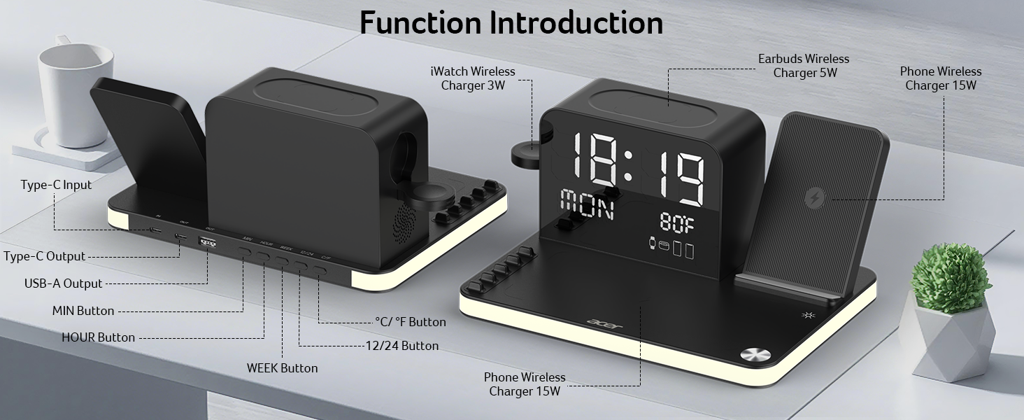 Acer 7 in 1 Wireless Charging Station with LED Night Light, Bluetooth Time Sync Clock