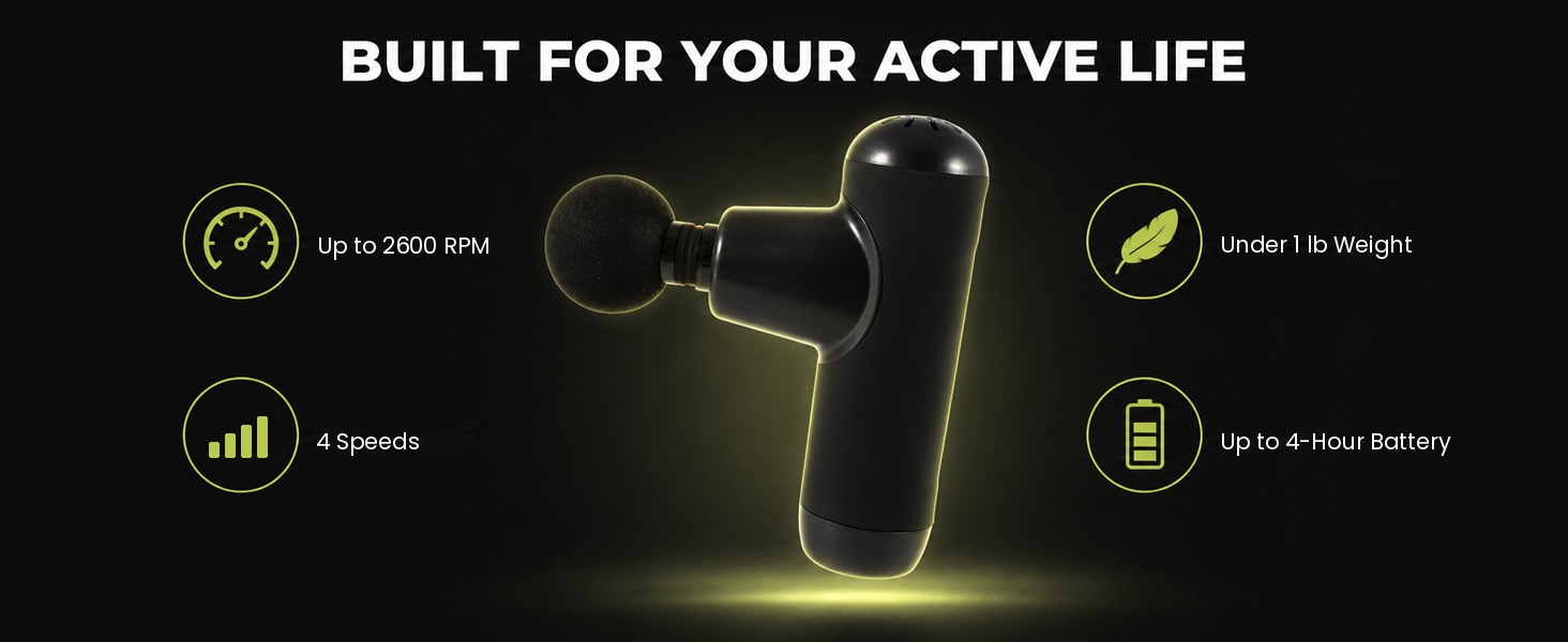 Mini massage gun with up to 2600 RPM, 4 speeds, under 1 lb and up to 4-hour battery