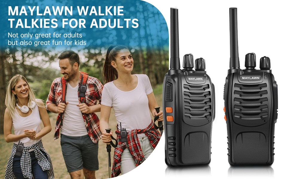 Two black handheld walkie-talkies with antenna, alongside an image of people hiking outdoors. Text promotes use for adults and kids.