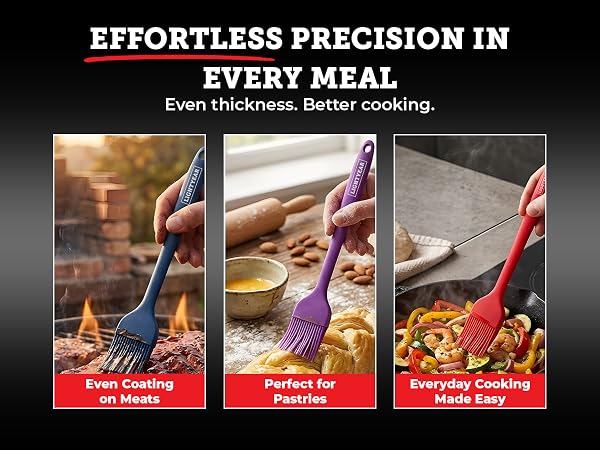 Silicone brush being used for baking, BBQ glazing, and oil basting across different dishes