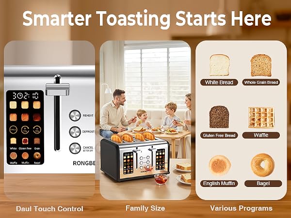 Black Touchscreen 4-slice toaster with 6 bread programs, dual control, ideal for family breakfasts.