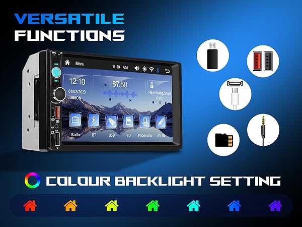 Double Din Car Stereo Bluetooth Wireless Carplay Android Auto-7 inch