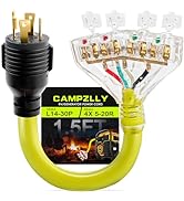Campzlly 30 Amp to 20 Amp 110 Generator RV Adapter Cord, NEMA L14-30P to 4X 5-15R/5-20R Generator...
