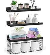 DABIGE Wall Mounted Floating Shelves, 3 Sets Wood Bathroom Shelves with Wire Storage Basket &amp; Hoo...