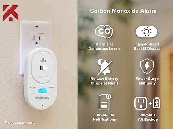Kidde COPD carbon monoxide alarm plugged into wall, product features icons overlay, mobile version