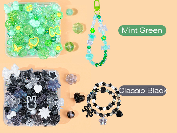 green beads charms and black white bead charms