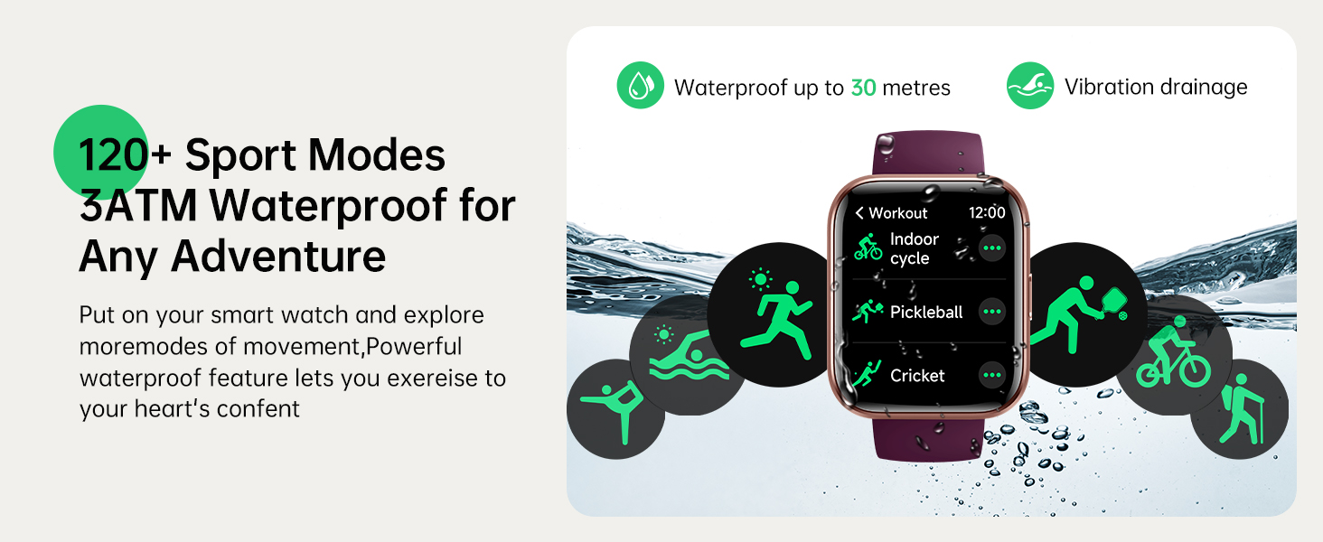 3ATM fitness tracker watch with 120+ sport modes