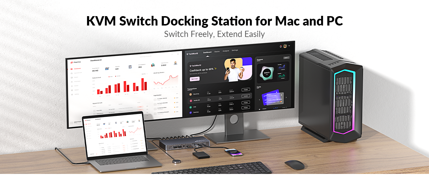 KVM switch docking station for macbook and PC 2 monitors, plug and play