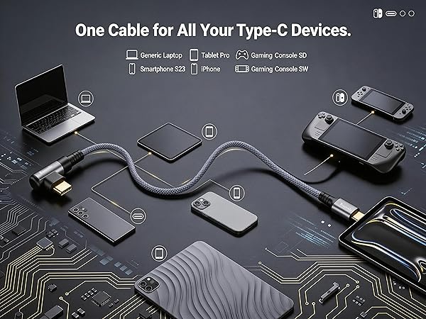 60W Fast Charging Right Angle cable, iPhone 15/16, Samsung Galaxy S24, iPad Pro, Steam Deck.
