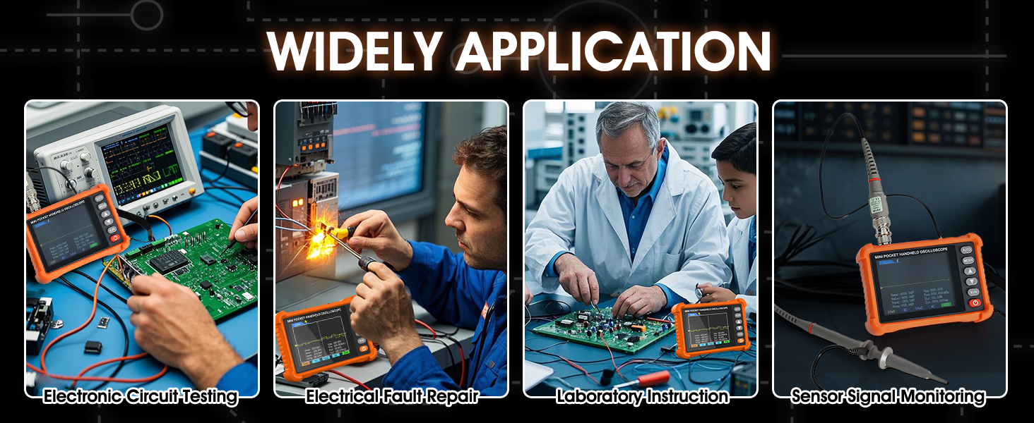 Text reads 'WIDELY APPLICATION'. Series of demonstration images showing electronic device being used in different professional settings.
