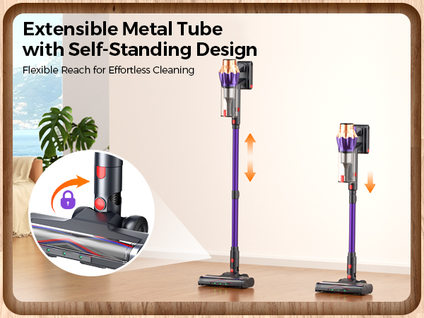 Retractable pipe design adjusts height from 103cm to 125cm for easy storage and cleaning.
