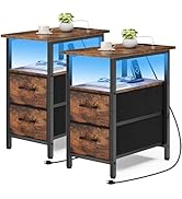 Vagusicc Set of 2 Nightstand with Charging Station and LED Lights, Narrow Side Table, LED Night S...