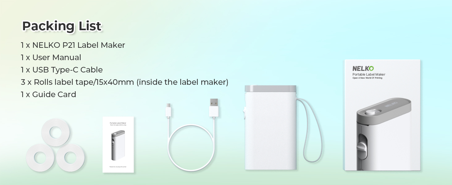 NELIKO P2L Label Maker set including the device, USB Type-C cable, roll tape, user manual