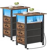 Vagusicc Set of 2 Nightstand with Charging Station and LED Lights, Narrow End Table, LED Nightsta...