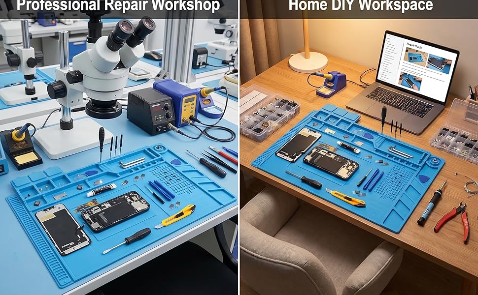 Professional repair workshop vs. home DIY workspace: side-by-side comparison.