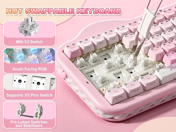 Text reads 'HOT SWAPPABLE KEYBOARD' with features listed: 'South Facing RGB,' 'Supports 35 Pins Switch,' 'Pre-Lubed Switches.' Pink mechanical keyboard with white and pink keycaps shown from above angle on pink background.