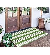 Green and White Striped Outdoor Rug 24'' x 51''Outdoor Front Porch Rug Hand-Woven Machine Washabl...