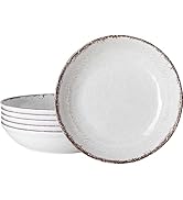 LEHAHA Farmhouse Pasta Bowls, Set of 6, White Melamine Rustic 42 oz Shallow Bowls, Large Salad Bo...