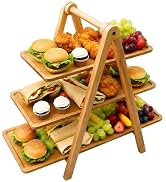 WARMKEY Acacia Wood Folding Serving Tray, 3-Tier Farmhouse Style Serving Platter, Charcuterie Boa...