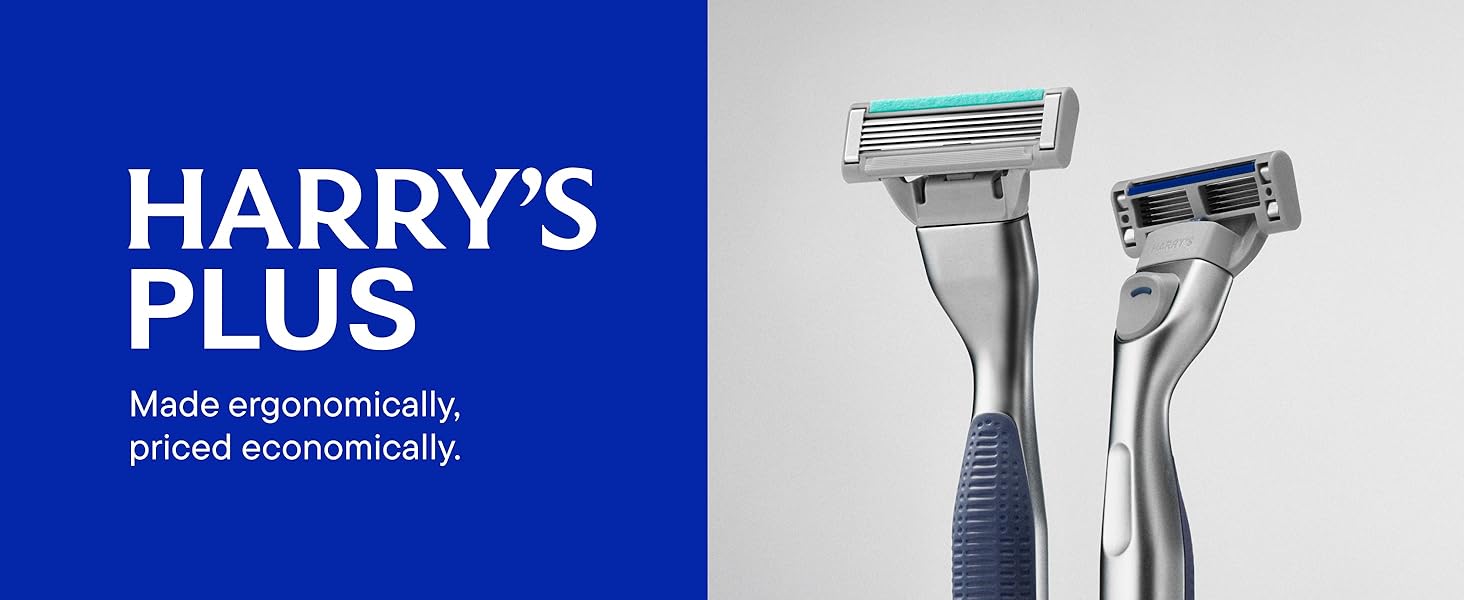 Two Harrys PLUS razors with ergonomic grips shown with text Made ergonomically, priced economically