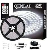 QENLAI 20ft White LED Strip Lights, Upgraded 6500K Dimmable Tape Lights with Remote and Plug, 12V...
