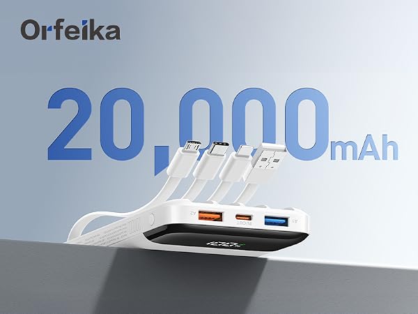 Text reads 'Orfeika' and '20,000 mAh'. White portable power bank device with charging ports, displayed against blue background.