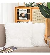 HYSEAS Set of 2 Decorative Faux Fur Throw Pillow Covers, White Fluffy Soft Fuzzy Square Cushion C...