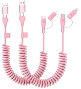 Coiled USB C and Lightning Cable,Pink Car Accessories Car Charger USB C 3FT iPhone 15 16 Carplay ...