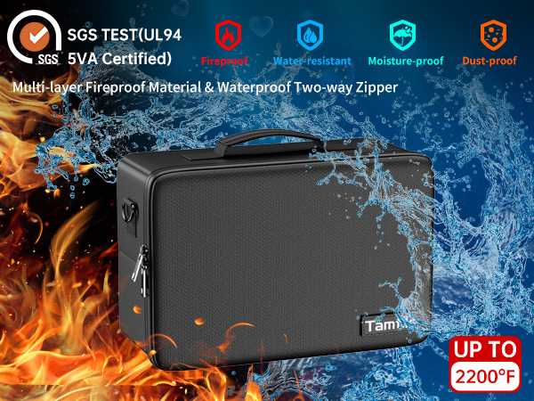 Text reads 'IP68' with waterproof and fire icons. Product appears to be a black electronic device with marketing imagery showing water splashes and fire elements, emphasizing durability rating up to 2000F.