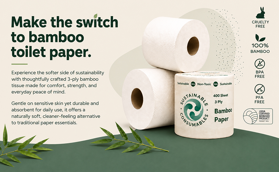 Bamboo toilet paper graphic highlighting 3-ply comfort, sustainability, and sensitive skin benefits