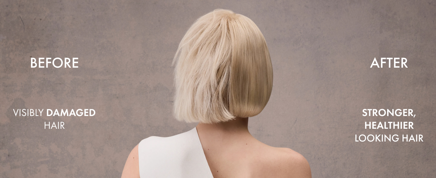 Backshot of woman&amp;#39;s straight hair split in half showing how it goes from damaged to stronger.