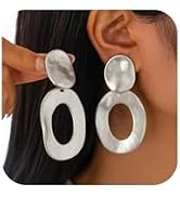 Chunky Gold Bold Hollow Oval Dangly Drop Earrings for Women, Trendy Silver Dangling Circle Statem...