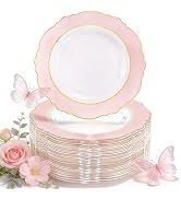 WDF 60pcs Pink Plastic Plates - 10.25inch Baroque Pink And Gold Disposable Dinner Plates for Upsc...