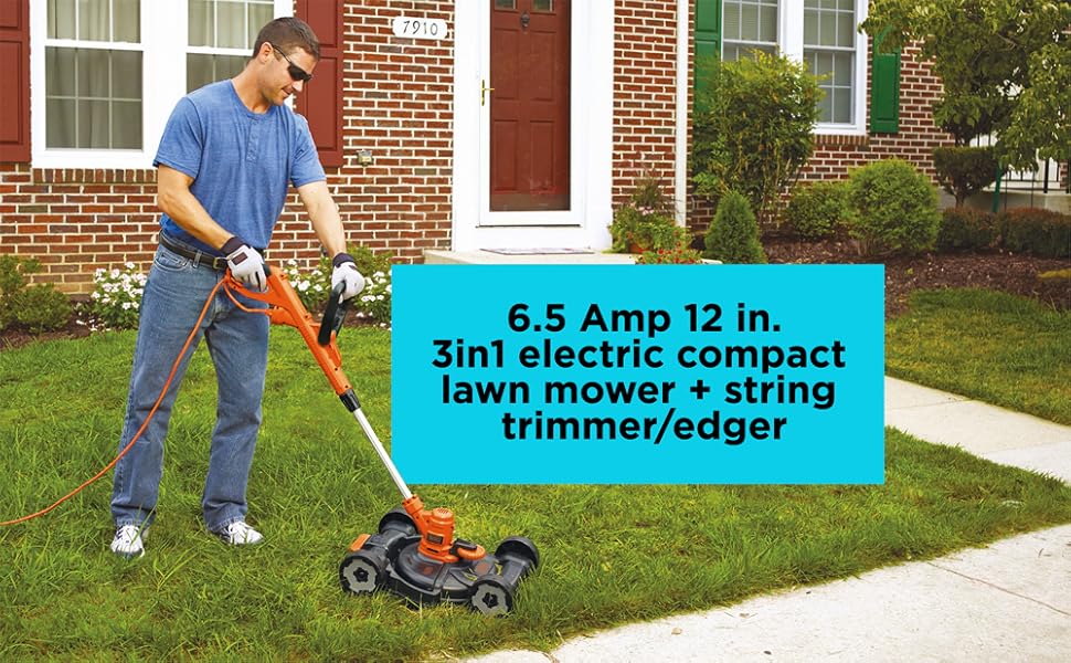 BLACK+DECKER 6.5 Amp 12 in. 3in1 electric compact lawn mower + string trimmer/edger