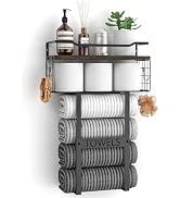 Rustic Brown Wood Vertical Towel Rack - Bath Wall Holder Set Above Toilet Storage, Rolled Towel S...