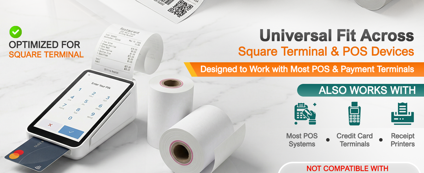 Square POS receipt paper rolls 2.25 x 55 feet for credit card machine printer