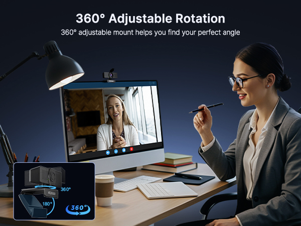 A woman is video chatting using an adjustable webcam.