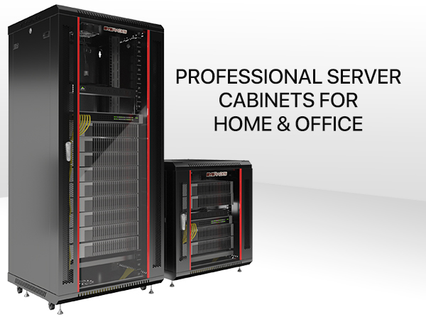 Tall floor-standing server rack and compact wall-mount server cabinet.