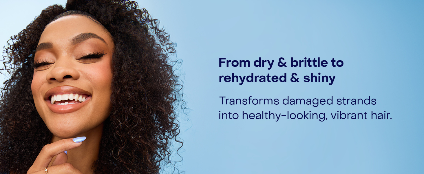 Image of a black woman with curly hair next to text: &amp;#34;from dry &amp;amp; brittle to rehydrated &amp;amp; shiny&amp;#34;.