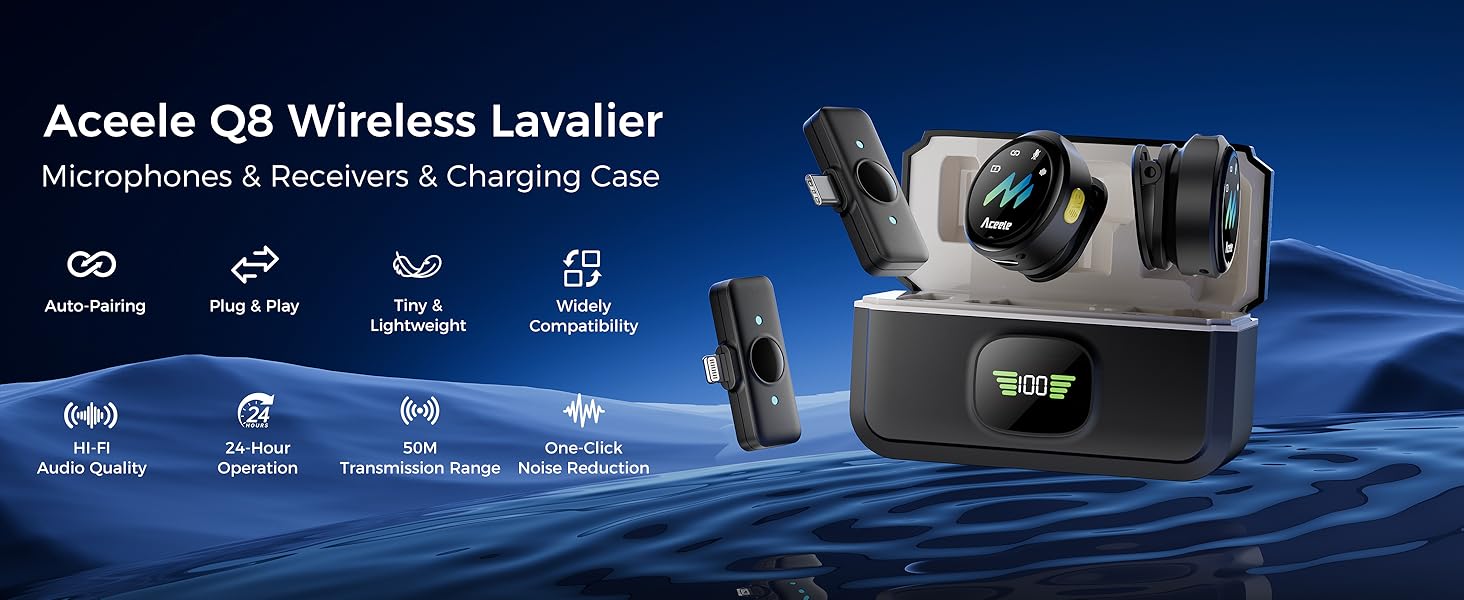 Text reads 'Aceele Q8 Wireless Lavalier'. Product banner showing wireless microphone system with icons indicating features like plug-and-play, charging case, and wireless connectivity.