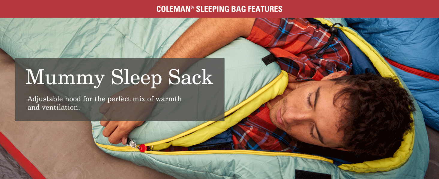 coleman sleeping bag features mummy sleep sack hood warmth ventilation adult hike camp backpack tent