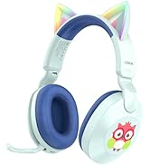 LOBKIN Kids Headphones Bluetooth 6.0, Toddler Headphones Cat Ear LED Light, Rotatable External Mi...