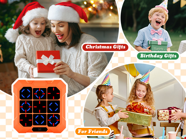 Text reads 'Different Gifts' and 'Surprise Gifts'. Multiple panels showing children opening gifts and engaging with presents in a celebratory setting.