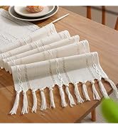 Niviy White Table Runner 72 Inches Long with Tassels, Ivory Embroidered Table Runner Farmhouse Ru...