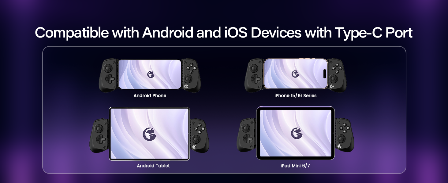Four handheld gaming devices with detachable side controllers, compatible with Android and iOS devices using Type-C port. Screens display a white swirl pattern on purple background.
