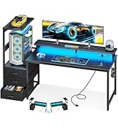 AODK 59 Inch Gaming Desk with USB Charging Ports &amp; LED Light- Reversible Computer Desk with Stora...