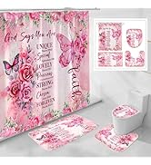 Litabel 4 Pcs Pink Butterfly Inspirational Quotes Shower Curtain Set with Rugs and Toilet Lid Cov...